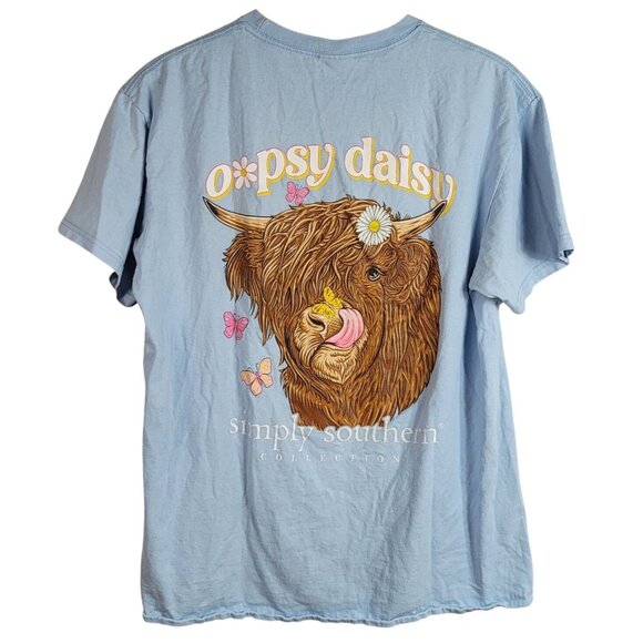 Simply Southern Tops - Simply Southern T Shirt Blue Large Short Sleeve Oopsy Daisy Highland Cow Flower